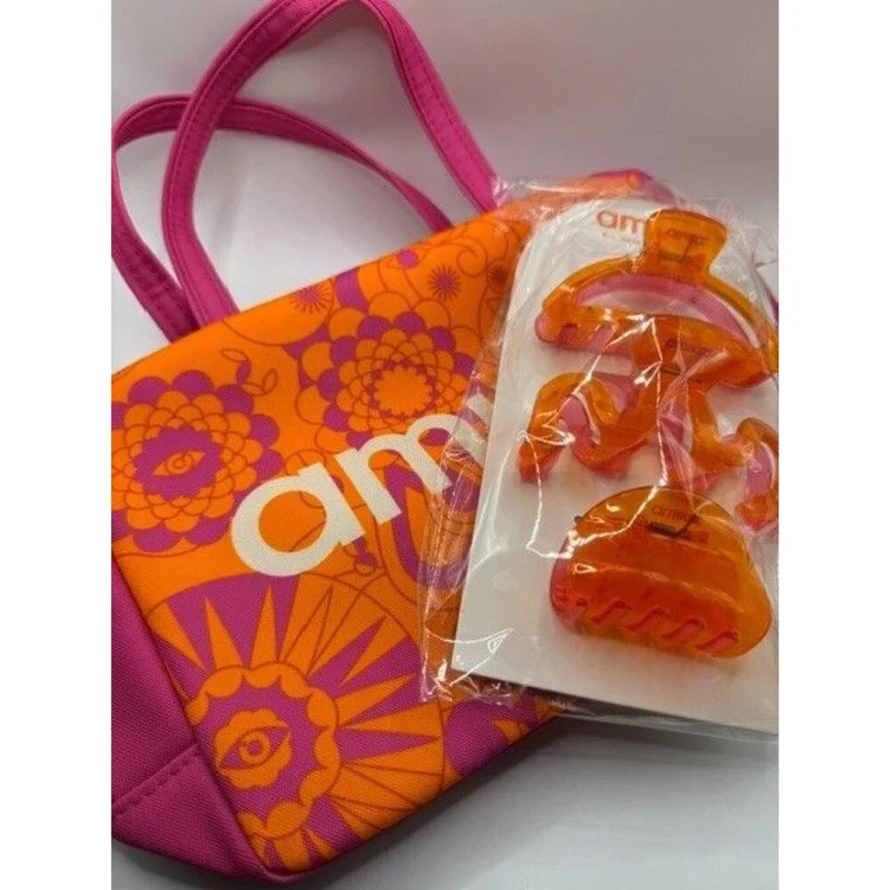 Amika Hair Care Tote Bag + 3 Orange Claw Hair Clips Set Pink Orange Floral